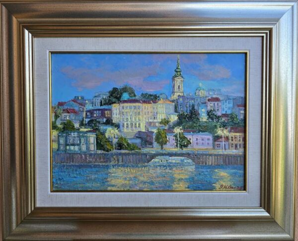 Umetnička slika Beograd na reci slikarka Olja Nikonova – tehnika ulje na platnu – format slike sa ramom 44×54 cm – bez rama 25×35 cm – Cena umetničke slike 23.600 dinara – uz sertifikat – izgled slike sa ramom