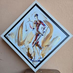 Umetnička slika Boginja pravde 2 slikar Dušan Rajšić – tehnika akril na platnu – format slike sa ramom 46×46 cm – bez rama 40×40 cm – Cena umetničke slike 15.340 dinara – uz sertifikat – izgled slike sa ramom
