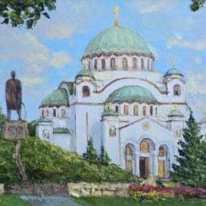 Umetnička slika Hram Svetog Save slikarka Olja Nikonova – tehnika ulje na platnu – format slike sa ramom 46×60 cm – bez rama 27×41 cm – Cena umetničke slike 25.960 dinara – uz sertifikat – izgled slike bez rama