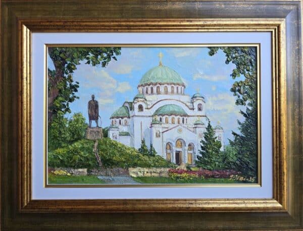 Umetnička slika Hram Svetog Save slikarka Olja Nikonova – tehnika ulje na platnu – format slike sa ramom 46×60 cm – bez rama 27×41 cm – Cena umetničke slike 25.960 dinara – uz sertifikat – izgled slike sa ramom