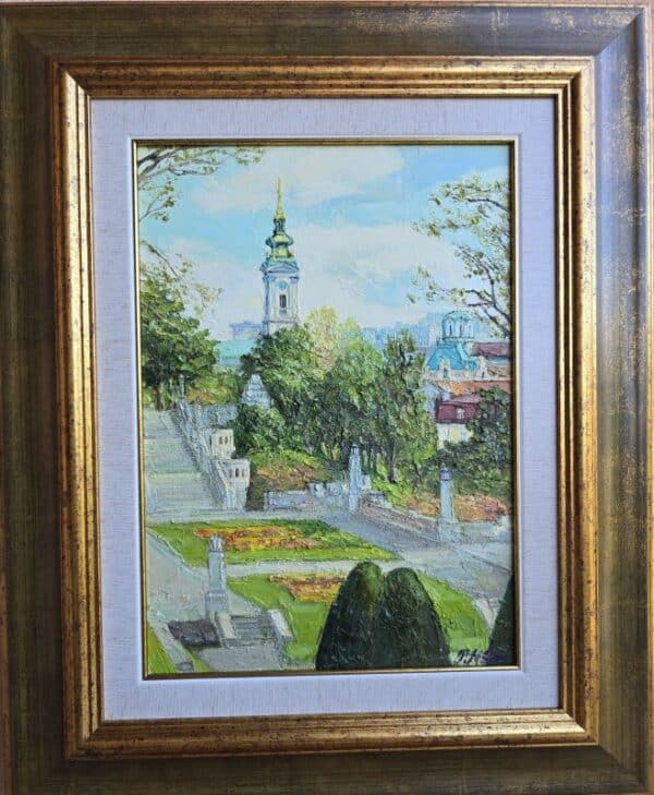 Umetnička slika Kalemegdan slikarka Olja Nikonova – tehnika ulje na platnu – format slike sa ramom 54×44 cm – bez rama 35×25 cm – Cena umetničke slike 23.600 dinara – uz sertifikat – izgled slike sa ramom