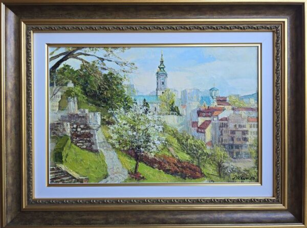 Umetnička slika Saborna crkva slikarka Olja Nikonova – tehnika ulje na platnu – format slike sa ramom 42×56 cm – bez rama 27×41 cm – Cena umetničke slike 25.960 dinara – uz sertifikat – izgled slike sa ramom