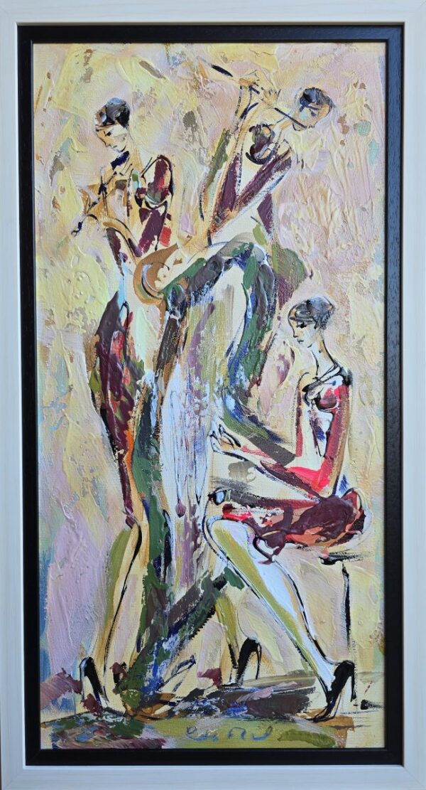 Umetnička slika Trio 4 – slikar Dušan Rajšić – tehnika akril na platnu – format slike sa ramom 66×36 cm – bez rama 60×30 cm – Cena umetničke slike 16.520 dinara – izgled slike sa ramom
