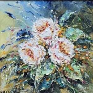 Umetnička slika Bele ruže slikarke Bose Milaković, tehnika slikanja ulje na platnu – format slike sa ramom 35 × 35 cm, bez rama 20 × 20 cm – cena umetničke slike 11.800 dinara – izgled slike bez rama