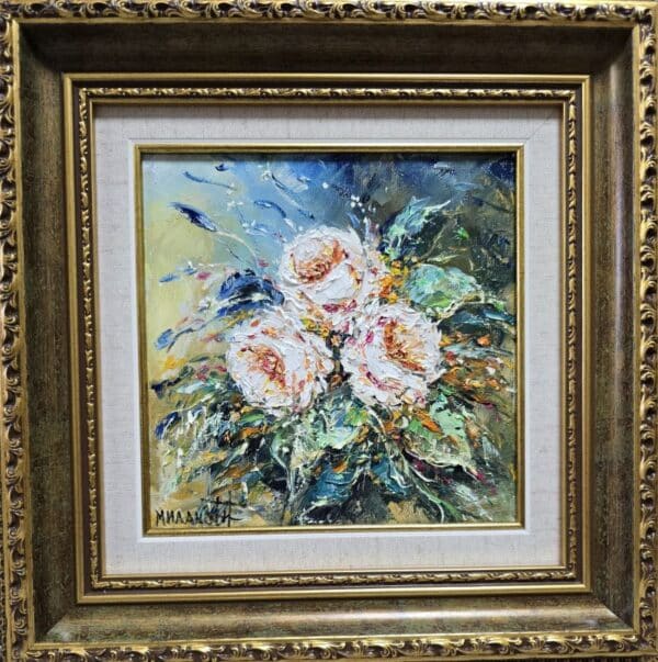 Umetnička slika Bele ruže slikarke Bose Milaković, tehnika slikanja ulje na platnu – format slike sa ramom 35 × 35 cm, bez rama 20 × 20 cm – cena umetničke slike 11.800 dinara – uramljena, sa sertifikatom.