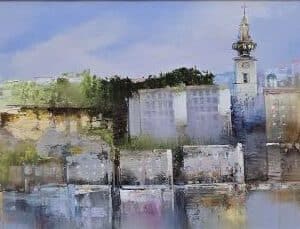 Umetnička slika Beograd sa Save – slikar Dejan Slepčević, tehnika slikanja ulje na platnu – luksuzno uramljena – format slike sa ramom 39×59 cm, bez rama 20×40 cm – cena umetničke slike 29.500 dinara – izgled slike sa ramom