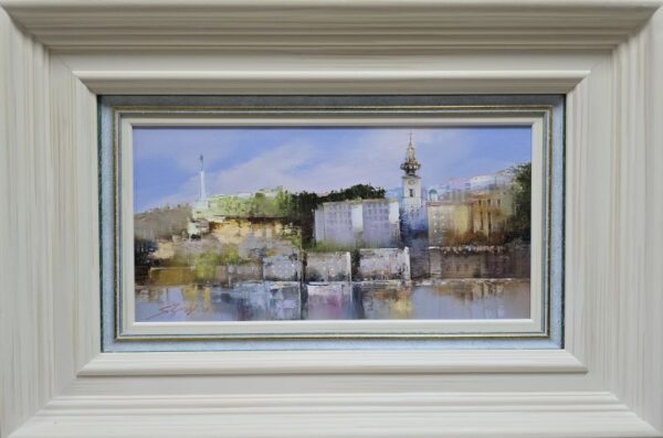 Umetnička slika Beograd sa Save – slikar Dejan Slepčević, tehnika slikanja ulje na platnu – luksuzno uramljena – format slike sa ramom 39×59 cm, bez rama 20×40 cm – cena umetničke slike 29.500 dinara – izgled slike bez rama