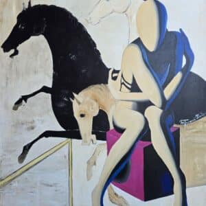 Umetnička slika "Čovek i konji 2" – Duško Trifunović, ulje na platnu, format bez rama 100×80 cm, sertifikat, 70.800 dinara - izgled slike bez rama