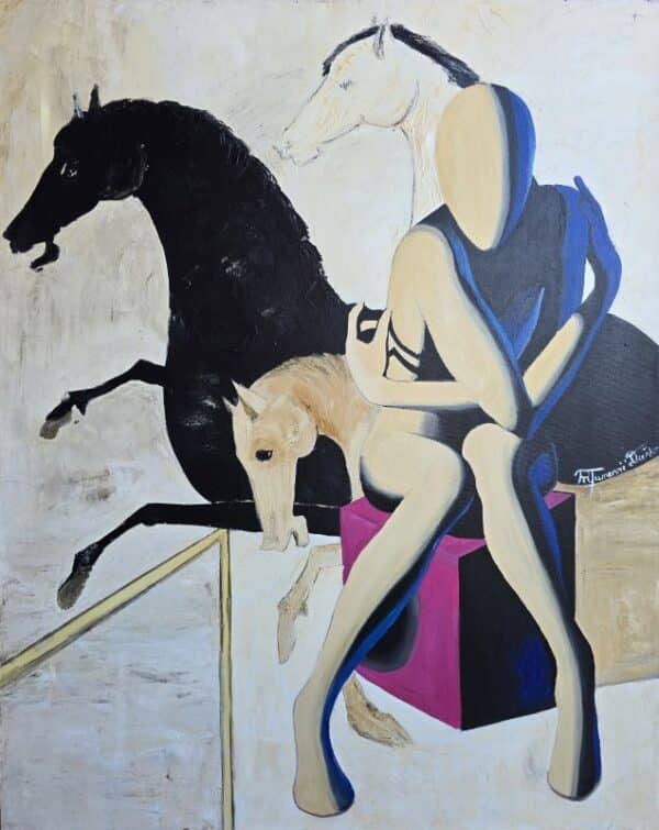 Umetnička slika "Čovek i konji 2" – Duško Trifunović, ulje na platnu, format bez rama 100×80 cm, sertifikat, 70.800 dinara - izgled slike bez rama