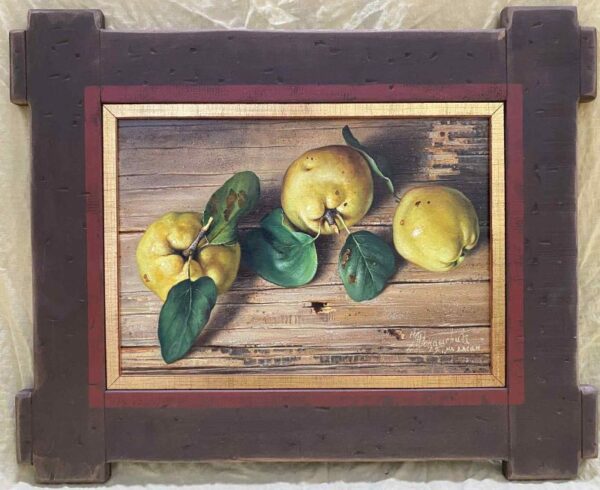 Umetnička slika Dunje slikar Jovica Tomašević, tehnika slikanja ulje na platnu kaširano na šperu – format slike sa ramom 46 × 58 cm, bez rama 28 × 40 cm – cena umetničke slike 27.140 dinara – izgled slike sa ramom.