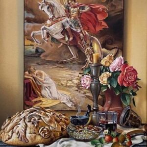 Umetnička slika Đurđevdan slikar Jovica Tomašević, tehnika slikanja ulje na platnu kaširano na šper – format slike bez rama 60×42 cm, format slike sa ramom 75×57 cm – cena umetničke slike 88.500 dinara – izgled slike bez rama