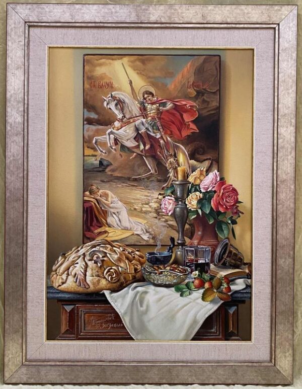 Umetnička slika Đurđevdan slikar Jovica Tomašević, tehnika slikanja ulje na platnu kaširano na šper – format slike bez rama 60×42 cm, format slike sa ramom 75×57 cm – cena umetničke slike 88.500 dinara – izgled slike sa ramom