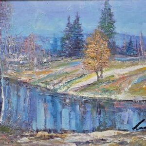 Umetnička slika Jezero slikar Ivan Vanja Milanović, tehnika slikanja ulje na platnu – format slike sa ramom 55×65 cm, bez rama 40×50 cm – cena umetničke slike 17.700 dinara – izgled slike bez rama