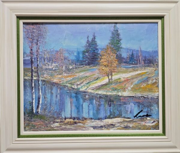 Umetnička slika Jezero slikar Ivan Vanja Milanović, tehnika slikanja ulje na platnu – format slike sa ramom 55×65 cm, bez rama 40×50 cm – cena umetničke slike 17.700 dinara – izgled slike sa ramom
