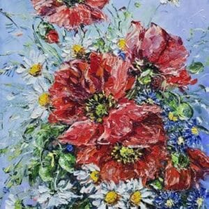Umetnička slika Makovi 1 slikarke Bose Milaković, tehnika slikanja ulje na platnu – format slike bez rama 30×25 cm (sa ramom 48×43 cm) – cena umetničke slike 17.700 dinara – izgled slike bez rama