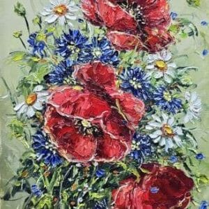 Umetnička slika Makovi 2 slikarke Bose Milaković, tehnika slikanja ulje na platnu – format slike bez rama 30×20 cm (sa ramom 46×46 cm) – cena umetničke slike 15.340 dinara – izgled slike bez rama