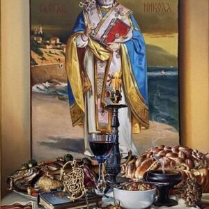 Umetnička slika Nikoljdan slikar Jovica Tomašević, tehnika slikanja ulje na platnu kaširano na šperu – format slike sa ramom 75 × 67 cm, bez rama 60 × 42 cm – cena umetničke slike 88.500 dinara – izgled slike bez rama