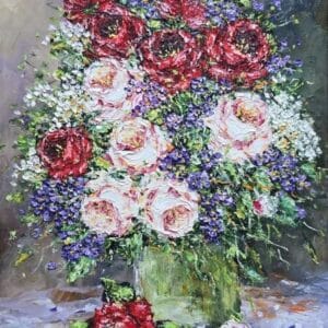 Umetnička slika Ruže 1 slikarke Bose Milaković, tehnika slikanja ulje na platnu – format slike bez rama 40×30 cm (sa ramom 50×40 cm) – cena umetničke slike 25.960 dinara – izgled slike bez rama