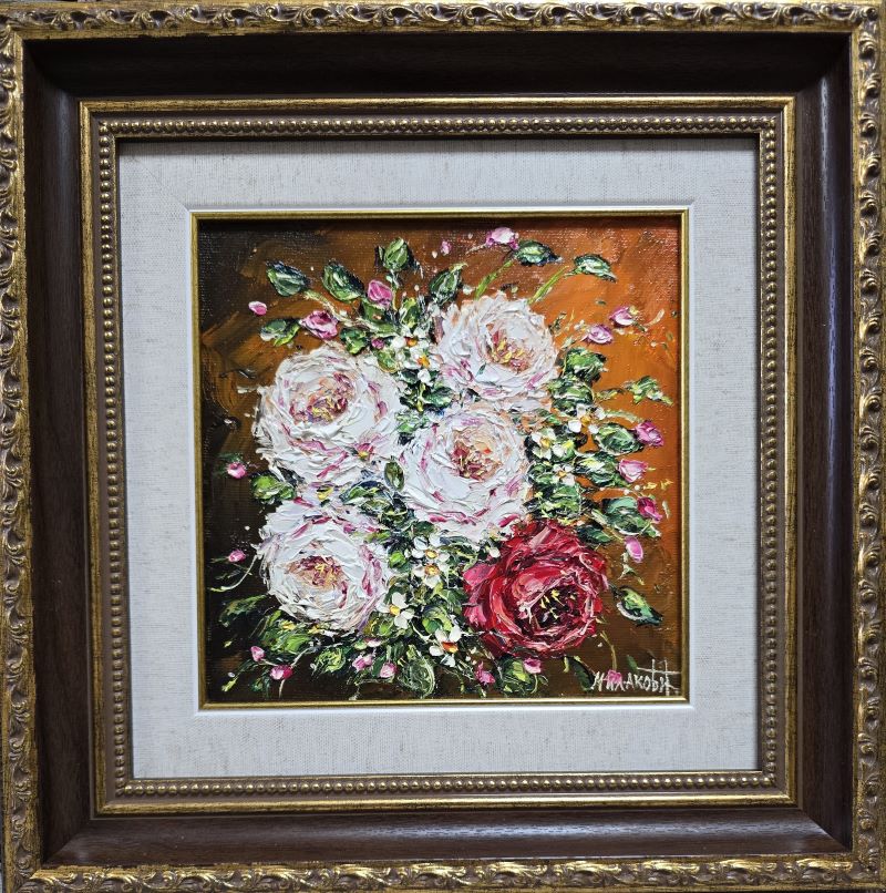 Umetnička slika Ruže 3 slikar Bosa Milaković, tehnika slikanja ulje na platnu – format slike sa ramom 36×36 cm, bez rama 20×20 cm – cena umetničke slike 11.800 dinara – izgled slike sa ramom, uramljena, sertifikat.