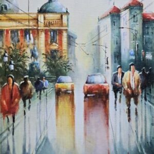 Umetnička slika Ulicom Kralja Milana – slikar Nenad Vojnović, tehnika slikanja ulje na platnu – format slike sa ramom 55×45 cm, bez rama 40×30 cm – cena umetničke slike 21.240 dinara – izgled slike bez rama