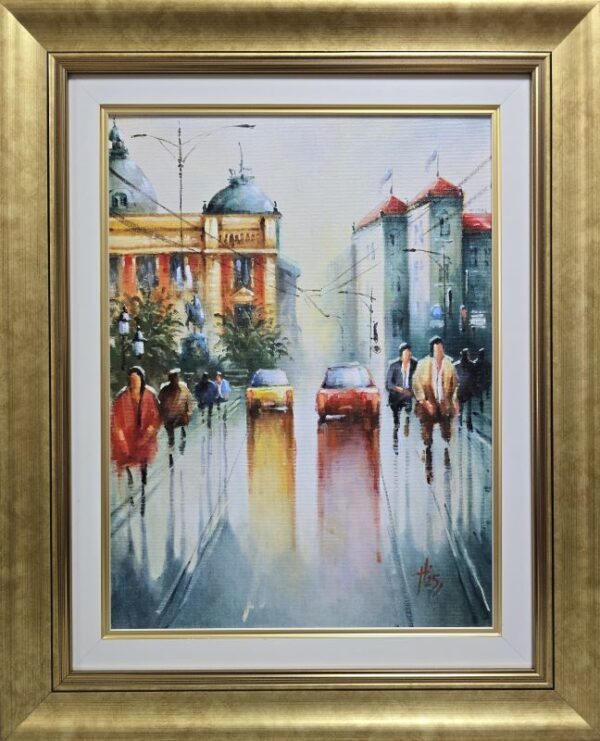 Umetnička slika Ulicom Kralja Milana – slikar Nenad Vojnović, tehnika slikanja ulje na platnu – format slike sa ramom 55×45 cm, bez rama 40×30 cm – cena umetničke slike 21.240 dinara – izgled slike sa ramom