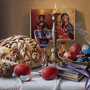 Umetnička slika Uskrs slikar Jovica Tomašević, tehnika slikanja ulje na platnu kaširano na šperu – format slike sa ramom 45 × 57 cm, bez rama 30 × 42 cm – cena umetničke slike 47.200 dinara – izgled slike bez rama