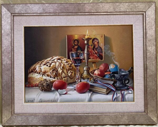 Umetnička slika Uskrs slikar Jovica Tomašević, tehnika slikanja ulje na platnu kaširano na šperu – format slike sa ramom 45 × 57 cm, bez rama 30 × 42 cm – cena umetničke slike 47.200 dinara – izgled slike sa ramom.