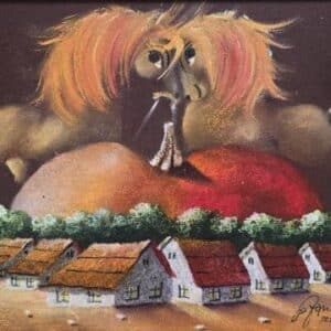 Umetnička slika Braon rapsodija I – slikar Janoš Mesaroš – tehnika slikanja kombinovana lak–pastel – format slike bez rama 25×35 cm, sa ramom 43×55 cm – cena umetničke slike 35.400 dinara – luksuzno uramljena – sertifikat – izgled slike bez rama