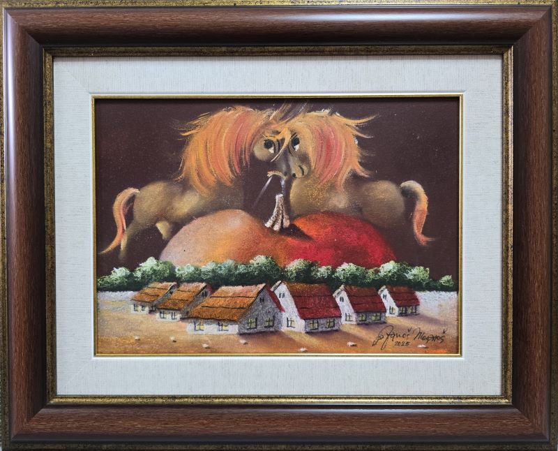 Umetnička slika Braon rapsodija I – slikar Janoš Mesaroš – tehnika slikanja kombinovana lak–pastel – format slike bez rama 25×35 cm, sa ramom 43×55 cm – cena umetničke slike 35.400 dinara – luksuzno uramljena – sertifikat – izgled slike sa ramom