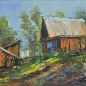 Umetnička slika Brvnara – slikar Ivan Vanja Milanović – tehnika slikanja ulje na platnu – format slike bez rama 40×50 cm, sa ramom 51×61 cm – cena umetničke slike 17.700 dinara – sertifikat – izgled slike bez rama