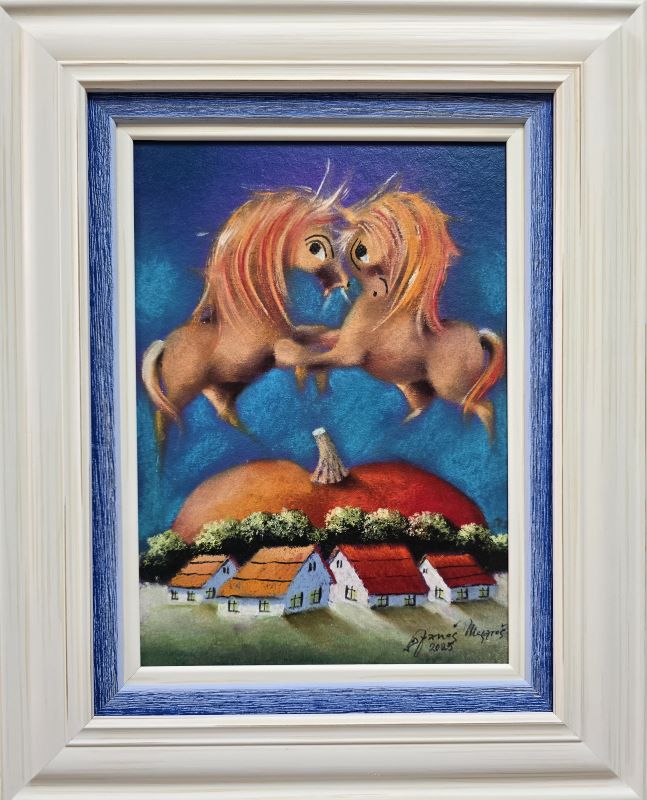 Umetnička slika Bundeva I – slikar Janoš Mesaroš – tehnika slikanja kombinovana lak–pastel – format slike bez rama 35×25 cm, sa ramom 52×42 cm – cena umetničke slike 35.400 dinara – luksuzno uramljena – sertifikat – izgled slike sa ramom