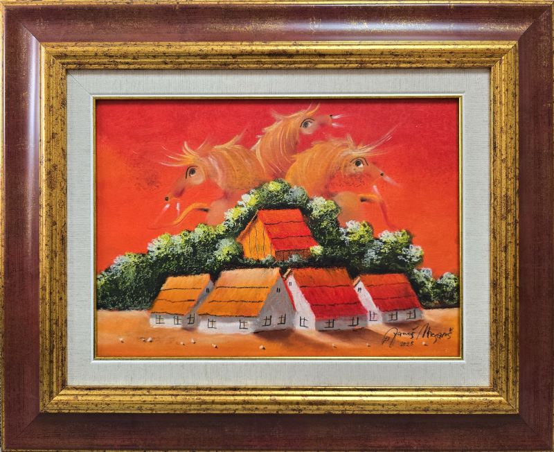 Umetnička slika Crvena rapsodija I – slikar Janoš Mesaroš – tehnika slikanja kombinovana lak–pastel – format slike bez rama 25×35 cm, sa ramom 44×54 cm – cena umetničke slike 35.400 dinara – luksuzno uramljena – sertifikat – izgled slike sa ramom