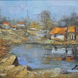 Umetnička slika Jezero – slikar Ivan Vanja Milanović – tehnika slikanja ulje na platnu – format slike bez rama 40×50 cm, sa ramom 51×61 cm – cena umetničke slike 17.700 dinara – sertifikat – izgled slike bez rama