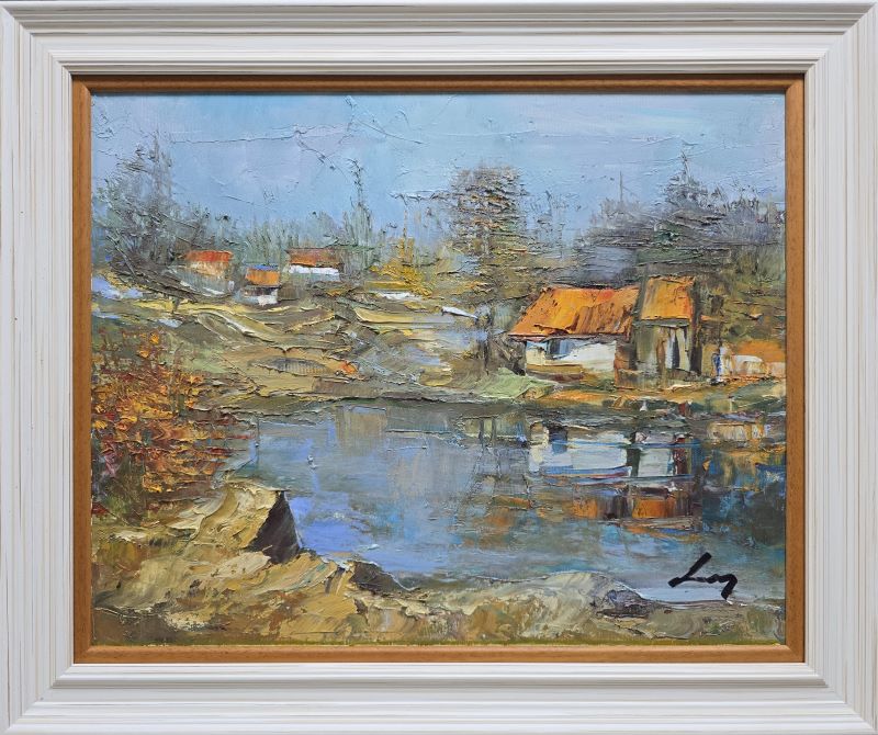 Umetnička slika Jezero – slikar Ivan Vanja Milanović – tehnika slikanja ulje na platnu – format slike bez rama 40×50 cm, sa ramom 51×61 cm – cena umetničke slike 17.700 dinara – sertifikat – izgled slike sa ramom