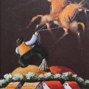 Umetnička slika Laso I – slikar Janoš Mesaroš – tehnika slikanja kombinovana lak–pastel – format slike bez rama 35×25 cm, sa ramom 53×43 cm – cena umetničke slike 35.400 dinara – luksuzno uramljena – sertifikat – izgled slike bez rama