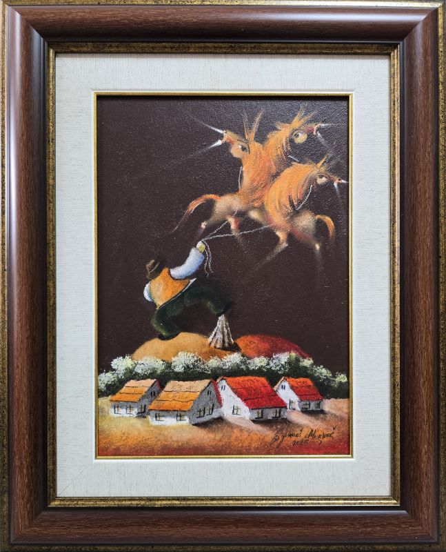 Umetnička slika Laso I – slikar Janoš Mesaroš – tehnika slikanja kombinovana lak–pastel – format slike bez rama 35×25 cm, sa ramom 53×43 cm – cena umetničke slike 35.400 dinara – luksuzno uramljena – sertifikat – izgled slike sa ramom