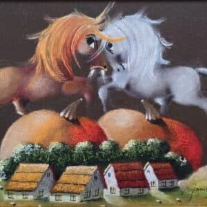 Umetnička slika Ljubav I – slikar Janoš Mesaroš – tehnika slikanja kombinovana lak–pastel – format slike bez rama 25×35 cm, sa ramom 41×51 cm – cena umetničke slike 35.400 dinara – luksuzno uramljena – sertifikat – izgled slike bez rama