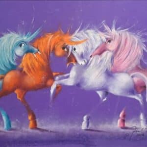 Umetnička slika Ljubičasta rapsodija VII – slikar Janoš Mesaroš – tehnika slikanja kombinovana pastel–ulje–lak – format slike bez rama 50×70 cm, sa ramom 64×84 cm – cena umetničke slike 82.600 dinara – sertifikat – izgled bez rama