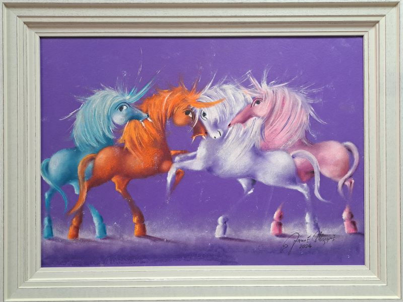 Umetnička slika Ljubičasta rapsodija VII – slikar Janoš Mesaroš – tehnika slikanja kombinovana pastel–ulje–lak – format slike bez rama 50×70 cm, sa ramom 64×84 cm – cena umetničke slike 82.600 dinara – sertifikat – izgled slike sa ramom