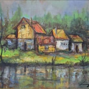 Umetnička slika Na reci – slikar Ivan Vanja Milanović – tehnika slikanja ulje na platnu – format slike bez rama 40×50 cm, sa ramom 51×61 cm – cena umetničke slike 17.700 dinara – sertifikat – izgled slike bez rama