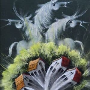 Umetnička slika Pijane kuće I – slikar Janoš Mesaroš – tehnika slikanja kombinovana lak–pastel – format slike bez rama 35×25 cm, sa ramom 52×42 cm – cena umetničke slike 35.400 dinara – luksuzno uramljena – sertifikat – izgled slike bez rama