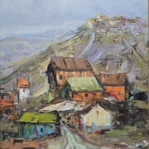 Umetnička slika Planinsko selo – slikar Ivan Vanja Milanović – tehnika slikanja ulje na platnu – format slike bez rama 40×50 cm, sa ramom 51×61 cm – cena umetničke slike 17.700 dinara – sertifikat – izgled slike bez rama