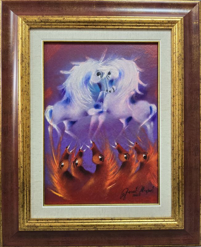 Umetnička slika Porodica I – slikar Janoš Mesaroš – tehnika slikanja kombinovana lak–pastel – format slike bez rama 35×25 cm, sa ramom 54×44 cm – cena umetničke slike 35.400 dinara – luksuzno uramljena – sertifikat – izgled slike sa ramom