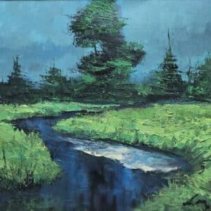 Umetnička slika Potok – slikar Ivan Vanja Milanović – tehnika slikanja ulje na platnu – format slike bez rama 40×50 cm, sa ramom 51×61 cm – cena umetničke slike 17.700 dinara – sertifikat – izgled slike bez rama