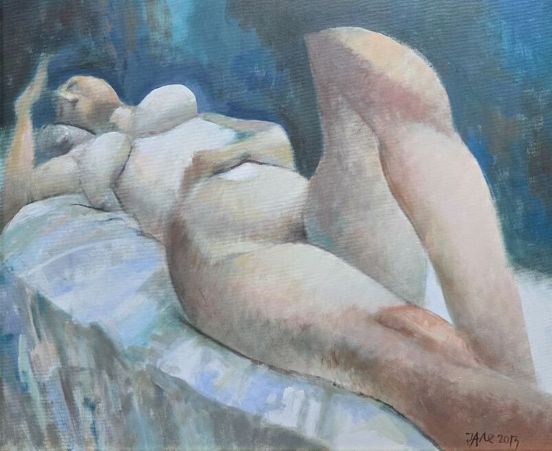 Umetnička slika Sanjarenje 1 – slikar Ljubodrag Janković Jale – tehnika kombinovana, akril na platnu – format slike bez rama 60×73 cm, sa ramom 78×90 cm – godina 2013 – cena umetničke slike 295.000 dinara – sertifikat – izgled slike bez rama