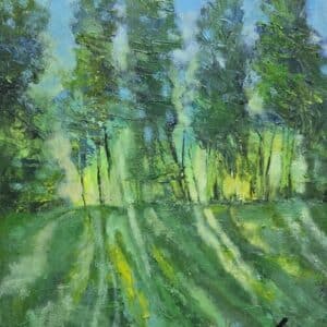 Umetnička slika Šuma – slikar Ivan Vanja Milanović – tehnika slikanja ulje na platnu – format slike bez rama 40×50 cm, sa ramom 51×61 cm – cena umetničke slike 17.700 dinara – sertifikat – izgled slike bez rama