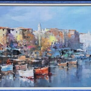 Umetnička slika – slikar Branko Dimitrijević – Barke na moru – tehnika slikanja: ulje na platnu – format slike sa ramom 62×137 cm – bez rama 45×120 cm – Cena umetničke slike: 70.800 dinara – luksuzno uramljena i sa sertifikatom autentičnosti – prikaz izgleda slike bez rama