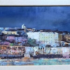 Umetnička slika – slikar Branko Dimitrijević – Beograd na Savi I – tehnika slikanja: ulje na platnu – format slike sa ramom 56×141 cm – bez rama 35×120 cm – Cena umetničke slike: 70.800 dinara – luksuzno uramljena i sa sertifikatom autentičnosti – prikaz izgleda slike bez rama