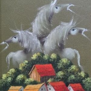 Umetnička slika – slikar Janoš Mešaroš – Čuvarkuće II – tehnika slikanja: kombinovana tehnika na kaširanom platnu – format slike sa ramom 51×41 cm – bez rama 35×25 cm – Cena umetničke slike: 31.860 dinara – luksuzno uramljena i sa sertifikatom autentičnosti – prikaz izgleda slike bez rama