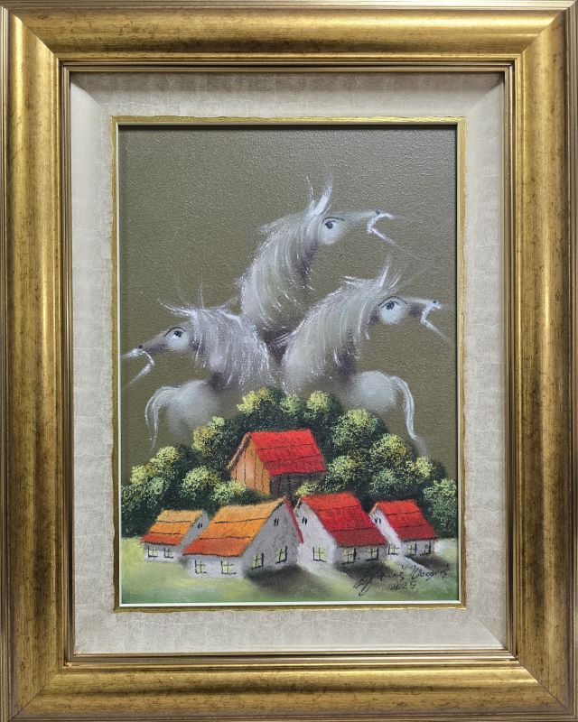 Umetnička slika – slikar Janoš Mešaroš – Čuvarkuće II – tehnika slikanja: kombinovana tehnika na kaširanom platnu – format slike sa ramom 51×41 cm – bez rama 35×25 cm – Cena umetničke slike: 31.860 dinara – luksuzno uramljena i sa sertifikatom autentičnosti – prikaz izgleda slike sa ramom.